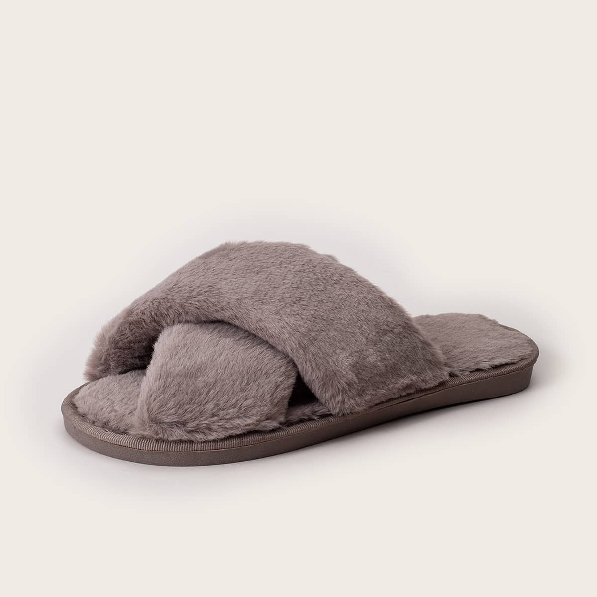 

Cross Strap Fluffy Slippers, Brown