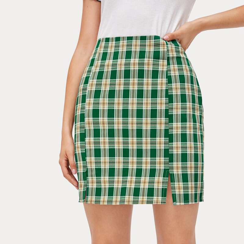 

Plaid Slit Skirt, Green