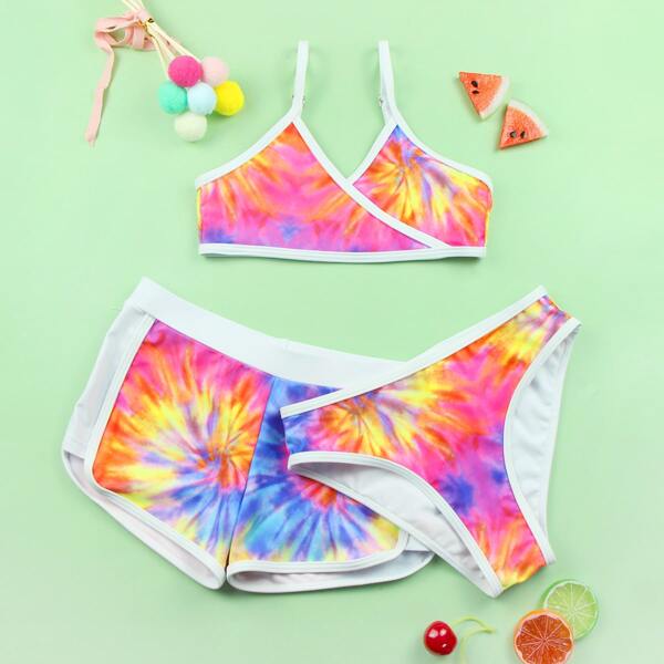 

3pack Girls Tie Dye Contrast Binding Bikini Swimsuit, Multicolor