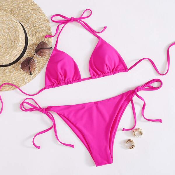 

Halter Triangle Tie Side Bikini Swimsuit, Hot pink bright
