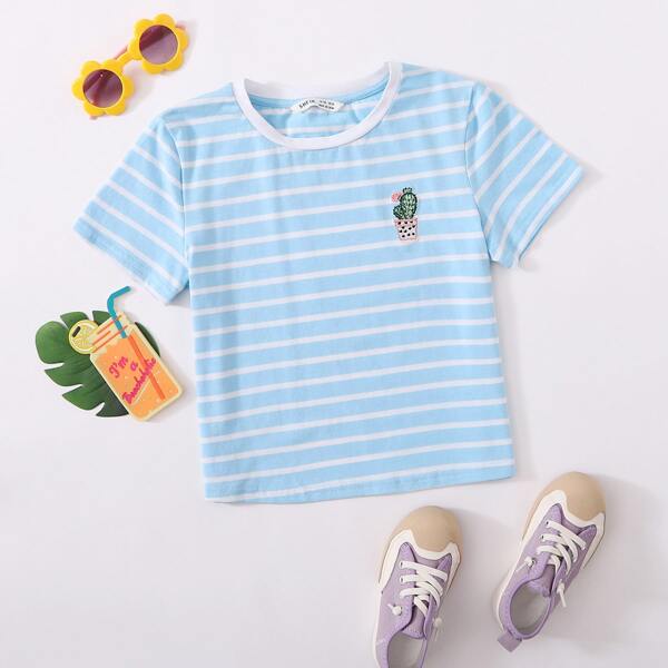 

Girls Plants Embroidery Striped Tee, Baby blue