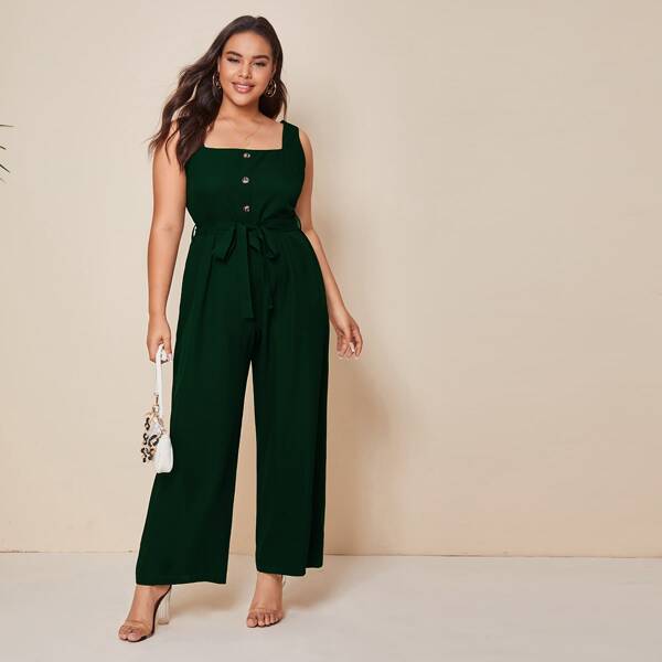 

Plus Square Neck Button Front Belted Culottes Jumpsuit, Dark green