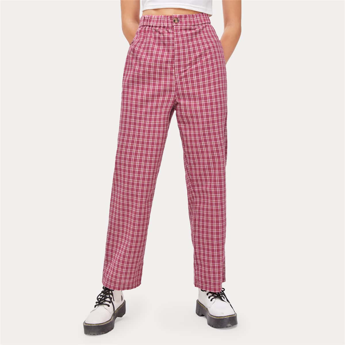 

Plaid Button Fly Pants, Rose red