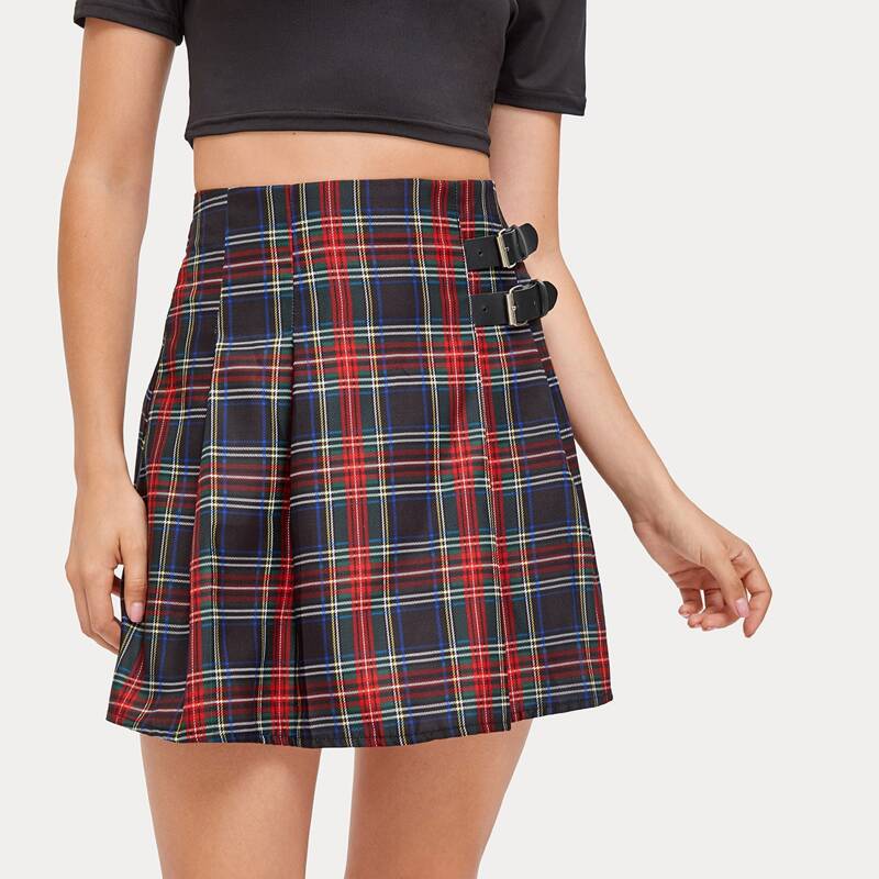 

Tartan Buckle Pleated Skirt, Multicolor