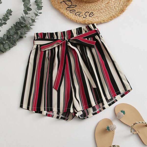

Striped Belted Paper Bag Waist Shorts, Multicolor