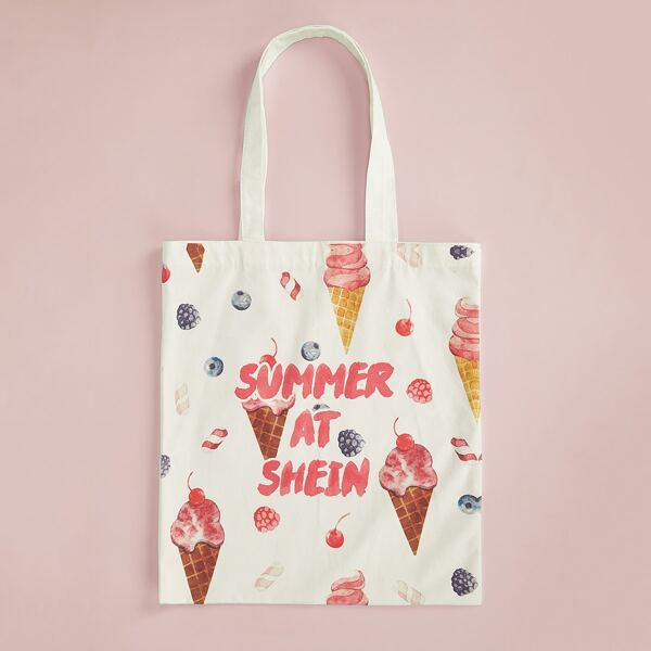 

SHEIN холщовая сумка-тоут с принтом мороженого, Белый