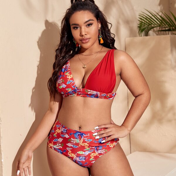 

Plus Chinese Dragon Print Tie Back Bikini Swimsuit, Red