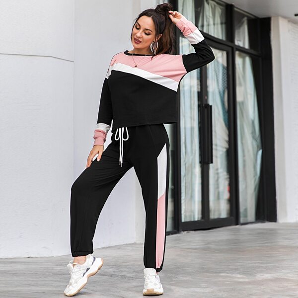 

Colorblock Drop Shoulder Sweatshirt & Sweatpants, Black