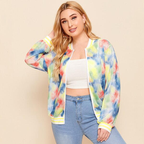 

Plus Tie Dye Striped Trim Sports Mesh Bomber Jacket, Multicolor