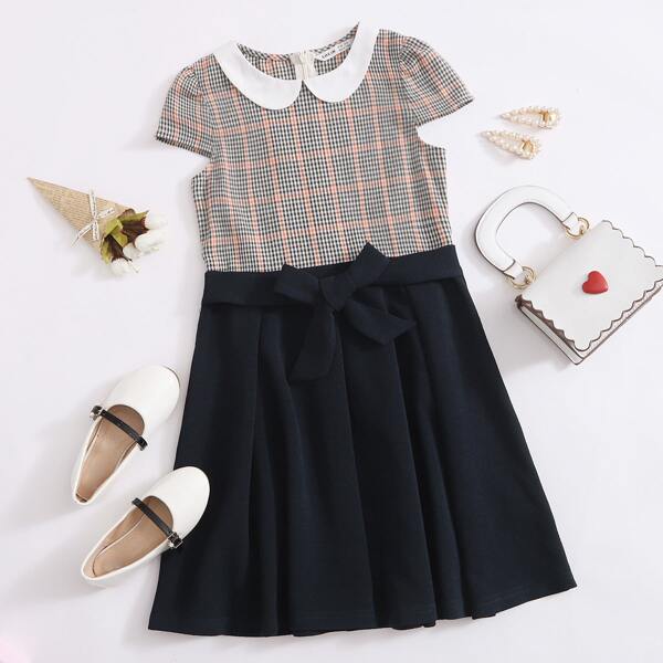 

Girls Contrast Peter-pan-collar Plaid Bodice Tie Front Dress, Multicolor