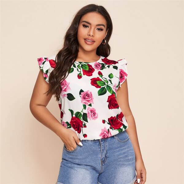 

Plus Floral Print Ruffle Cuff Blouse, White