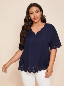 Mulvari Plus Laser Cut Scallop Trim Blouse - Navy Blue - View 1