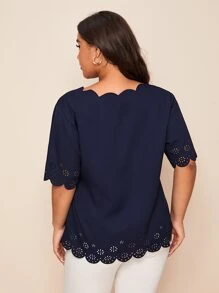 Mulvari Plus Laser Cut Scallop Trim Blouse - Navy Blue - View 2