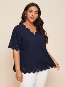 Mulvari Plus Laser Cut Scallop Trim Blouse - Navy Blue - View 4