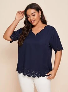 Mulvari Plus Laser Cut Scallop Trim Blouse - Navy Blue - View 5