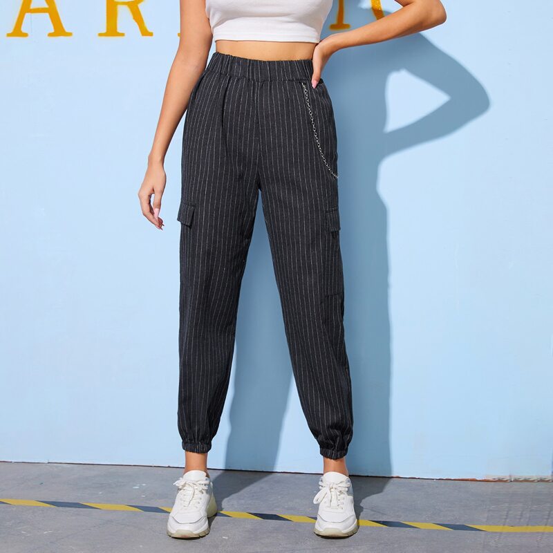 

Chain Detail Flap Pocket Striped Pants, Dark grey