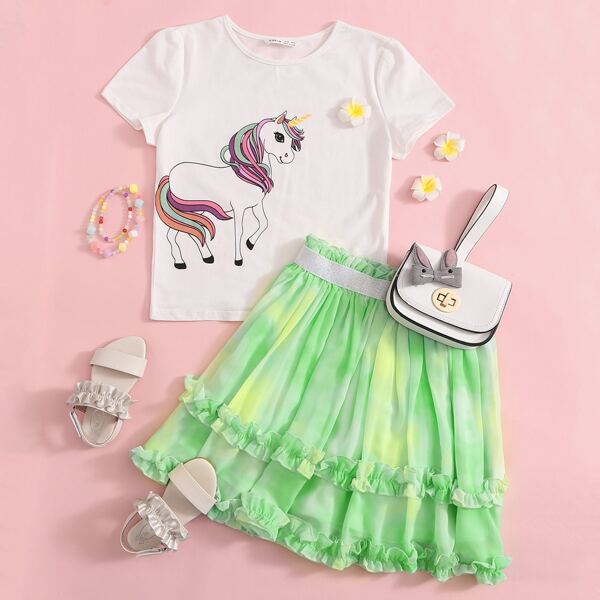 

Girls Unicorn Print Top & Frill Trim Tie Dye Skirt Set, Multicolor