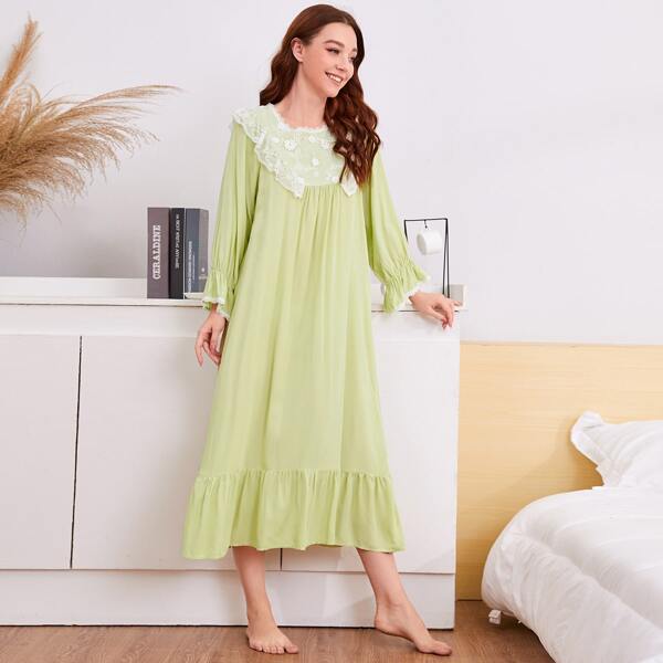 

Contrast Lace Ruffle Hem Night Dress, Lime green