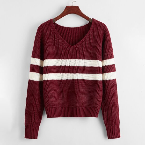 

Striped V-neck Sweater, Burgundy