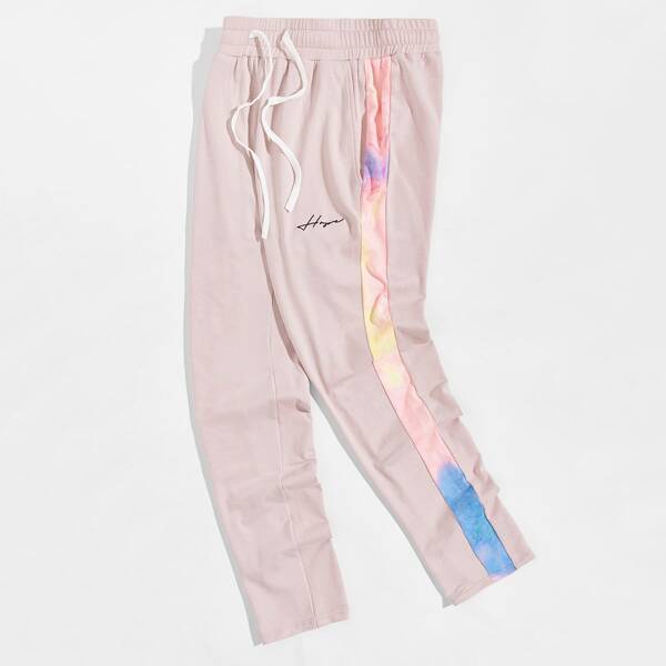 

Men Letter Embroidered Contrast Tie Dye Sideseam Joggers, Pastel baby pink
