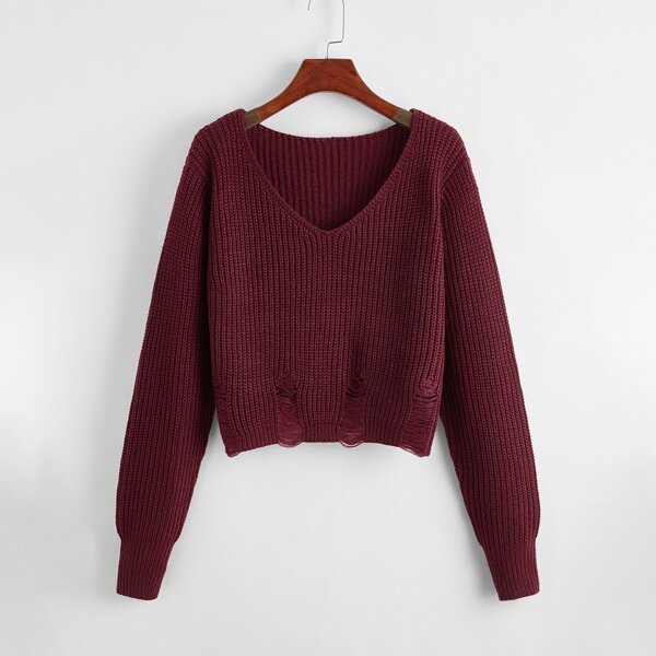 

Ripped V-neck Solid Sweater, Maroon