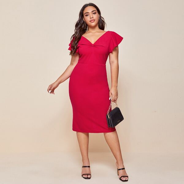 

Plus Ruffle Trim V-neck Ruched Fitted Dress, Red