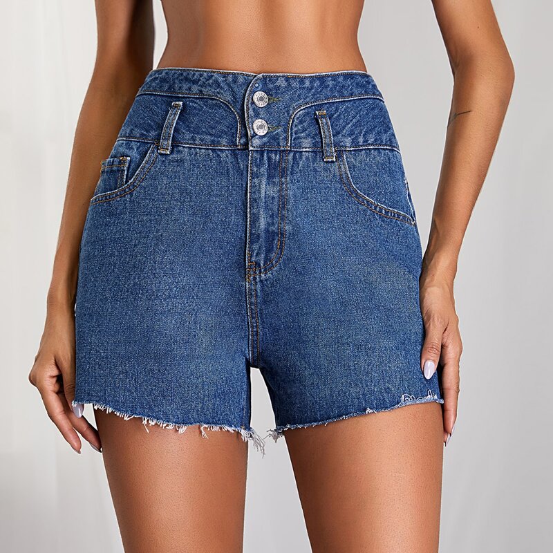 

Slant Pocket Raw Hem Denim Shorts, Medium wash
