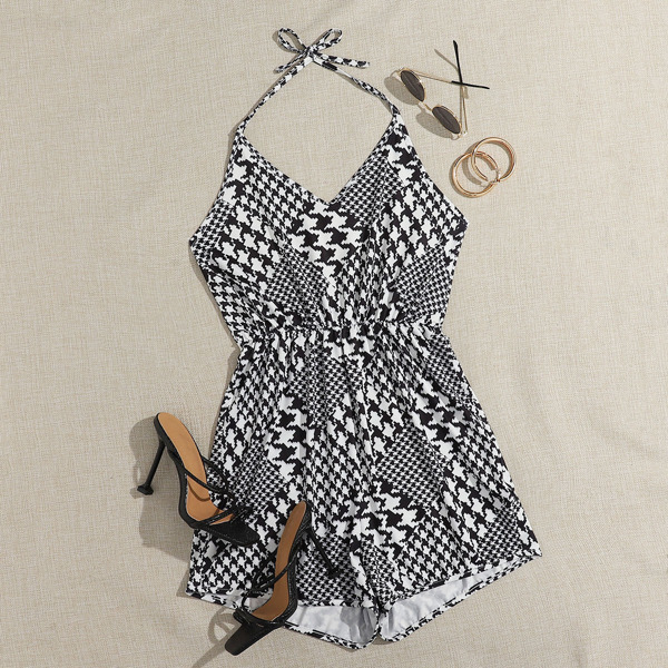 

Houndstooth Print Halter Romper, Black and white
