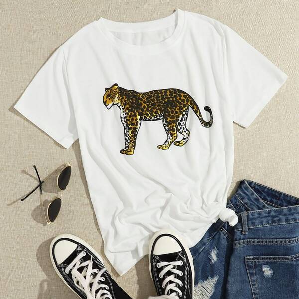 

Leopard Print Short Sleeve Tee, White