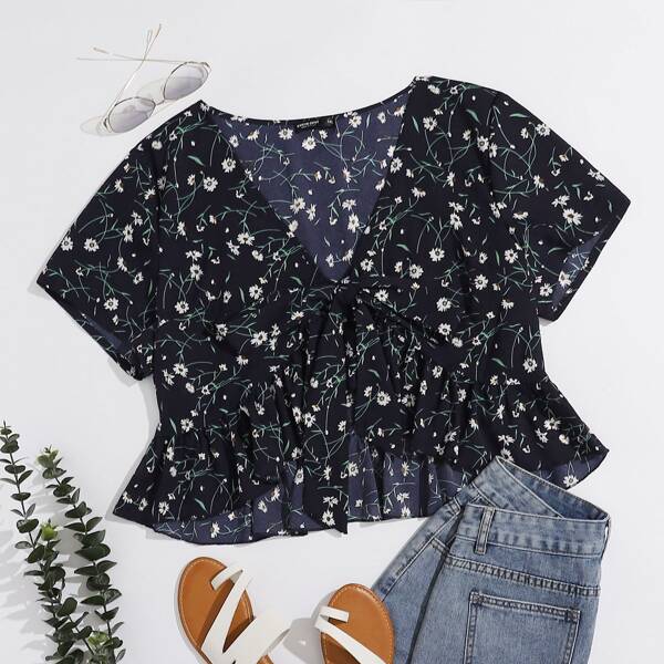 

Plus Tie Front Ditsy Floral Peplum Top, Navy blue