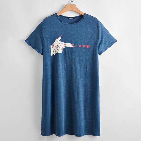 

Plus Heart & Hand Print Tee Dress, Blue