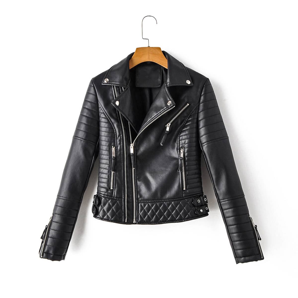 

Zip Detail Lapel Neck PU Moto Jacket, Black