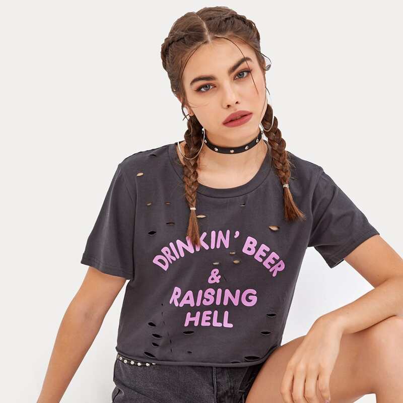 

Letter Graphic Distressed Boxy Tee, Black