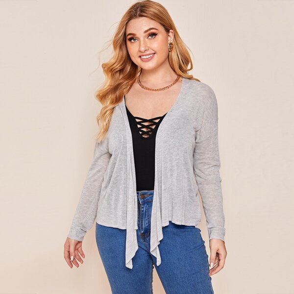 

Plus Solid Asymmetric Hem Cardigan, Light grey