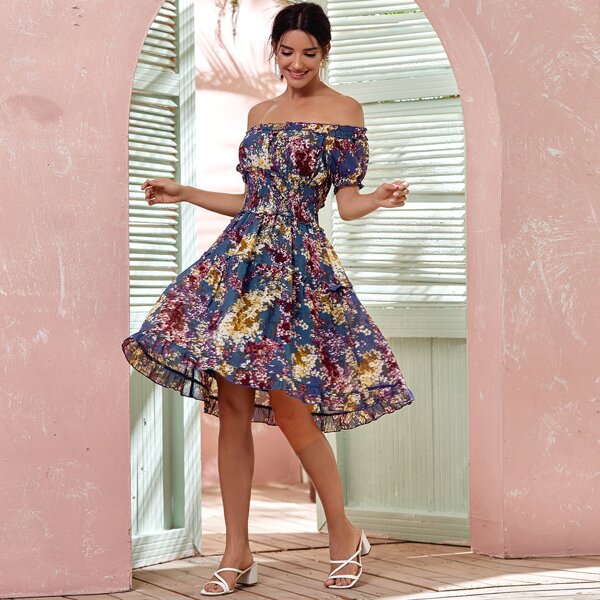 

Floral Print Frill Trim Shirred Chiffon Bardot Dress, Multicolor