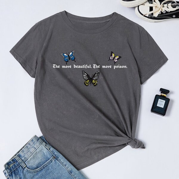 

Butterfly & Slogan Graphic Oversized Tee, Dark grey