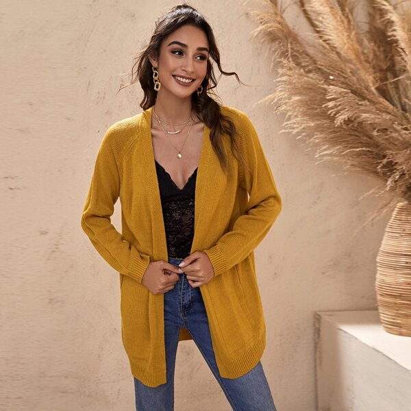 

Raglan Sleeve Dual Pockets Cardigan, Mustard yellow