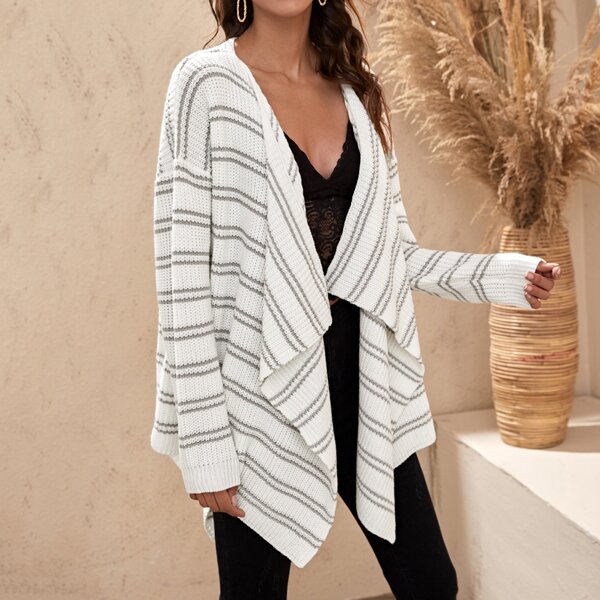 

Striped Waterfall Collar Asymmetrical Hem Cardigan, White