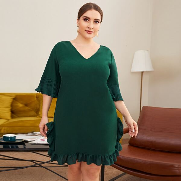 

Plus V Neck Tie Back Ruffle Hem Dress, Dark green