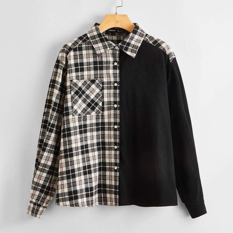 

Pocket Front Spliced Tartan Blouse, Multicolor