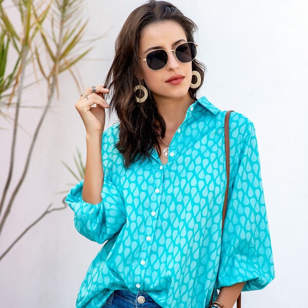 

Lantern Sleeve Allover Print Longline Blouse, Mint blue