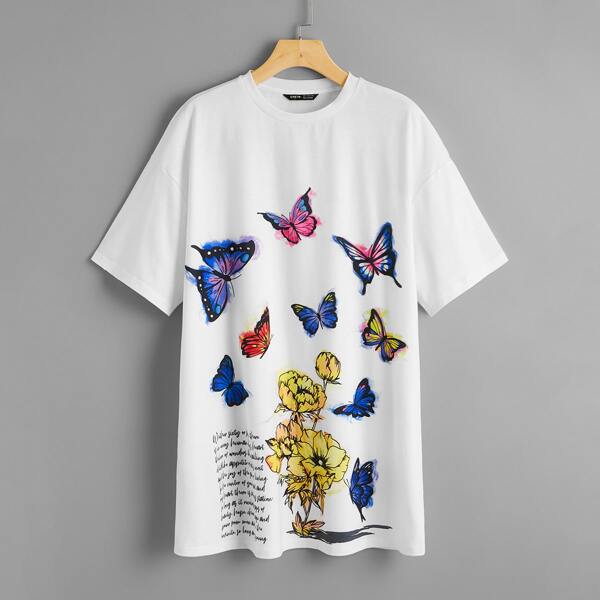 

Платье с текстовым принтом и принтом бабочки, Белый