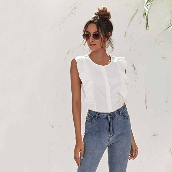

Ruffle Trim Button Front Top, White