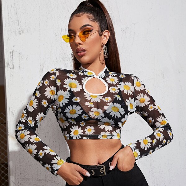 

Mandarin Collar Floral Sheer Mesh Top Without Bra, Multicolor