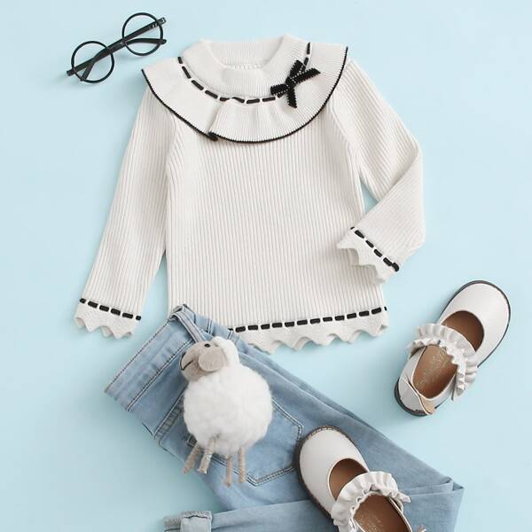 

Toddler Girls Contrast Binding Bow Front Sweater, White