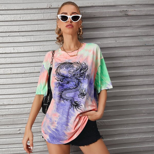 

Chinese Dragon Print Tie Dye Oversized Tee, Multicolor