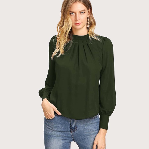 

Solid Ruched Keyhole Back Blouse, Army green