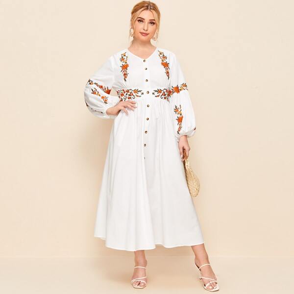 

Plus Button Front Floral Embroidered Dress, White