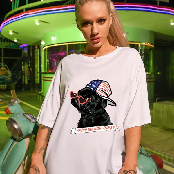 

Dog & Slogan Graphic Oversized Tee, White