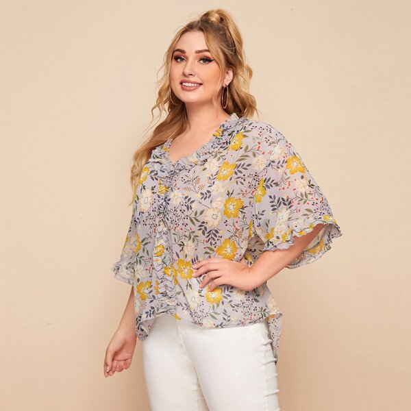 

Plus Frill Trim High Low Floral Top, Multicolor